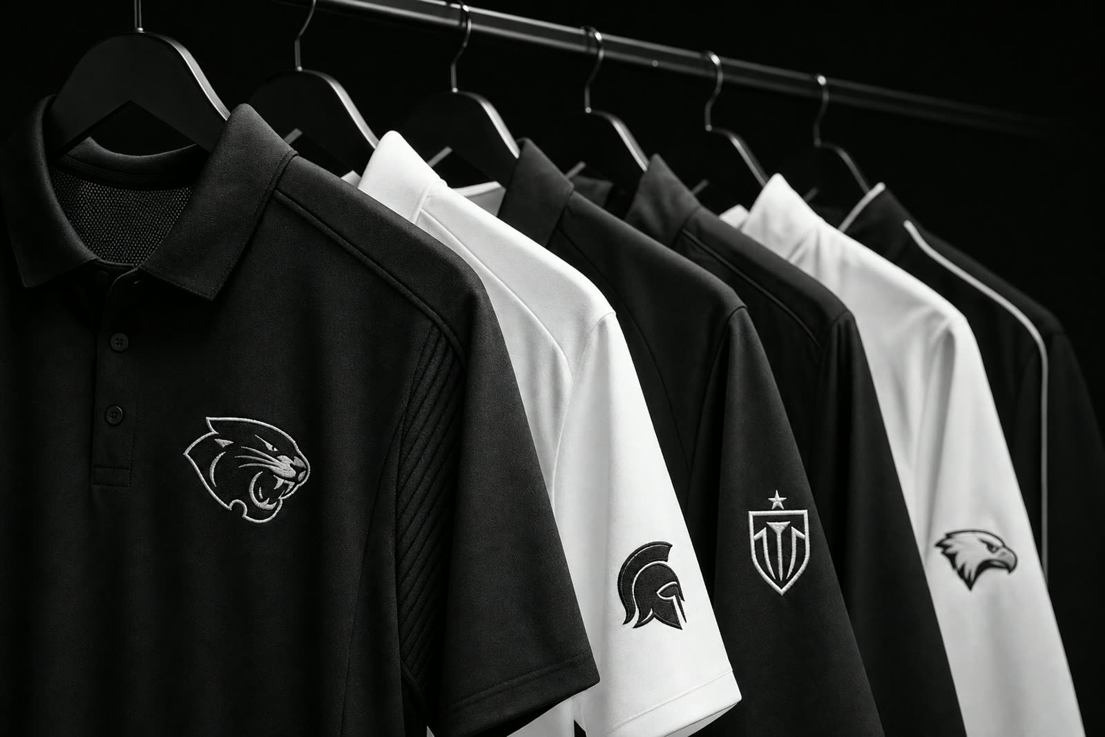 Embroidered performance polos on a rack
